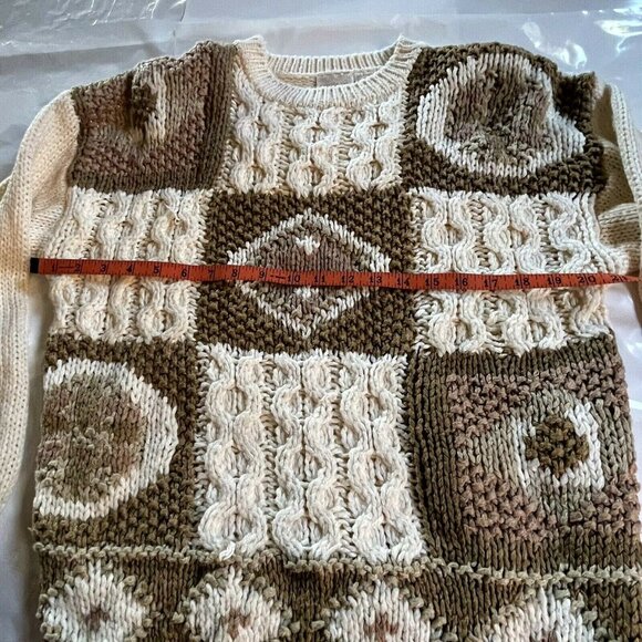 VTG Needles & Yarn Patchwork Knit Ramie Blend Sweater Beige/Brown Shoulder Pads - Picture 7 of 10